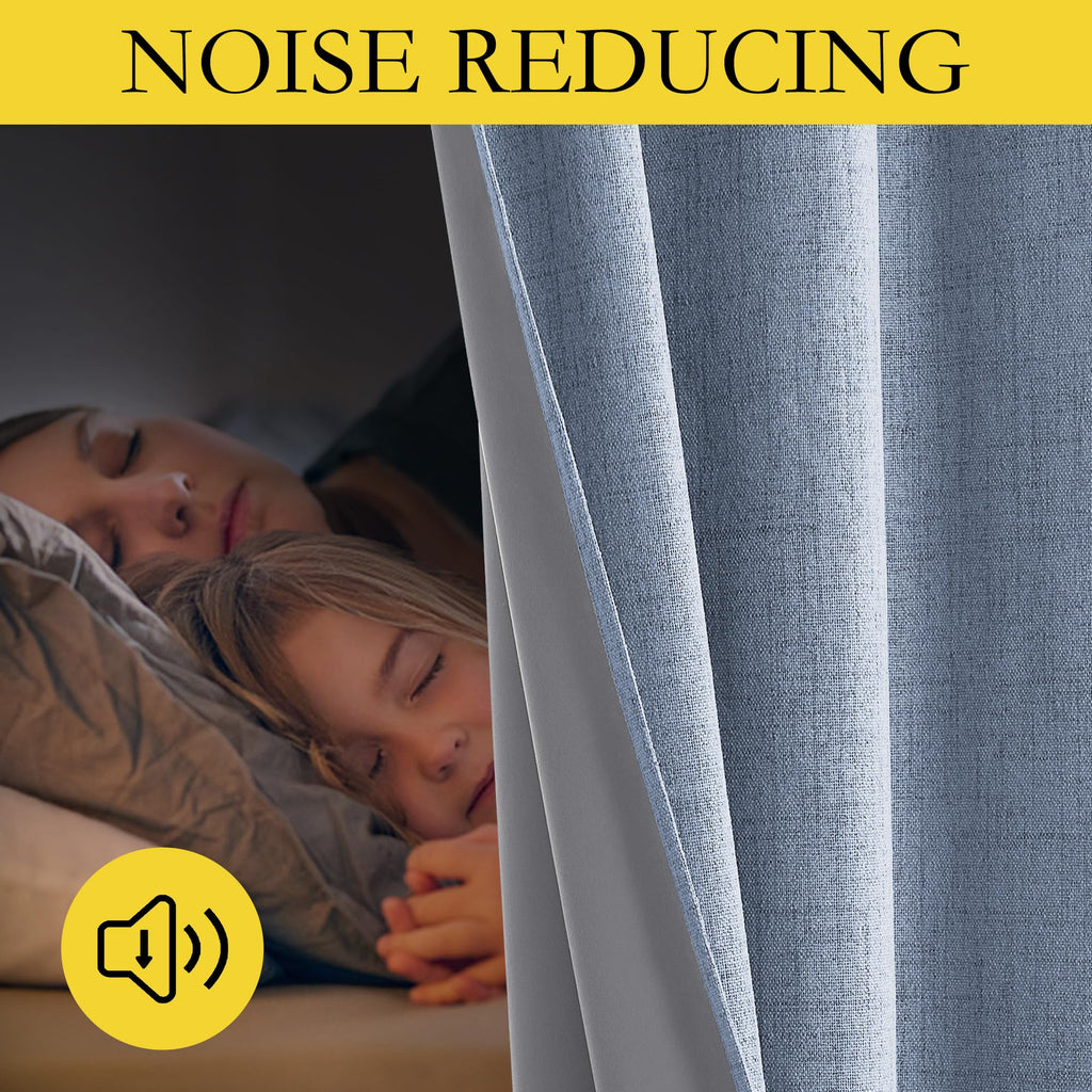 NICETOWN Stone Blue Vintage Linen 100% Blackout Curtains for Living Room, Thermal Insulated Curtains 102" Long, Noise Reducing Window Treatment Drapes for Hall Room, 52" Wide Per Panel, Set of 2