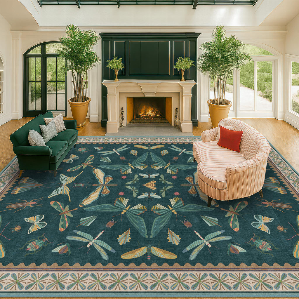 Hazo Haus 9x12 Large Living Room Rug - Dark Teal Multi Dining Room Rugs for Under Table, Bedroom, Kids Room, Classroom, Insect Butterfly Floral Décor, Lightweight Non Slip Low Pile