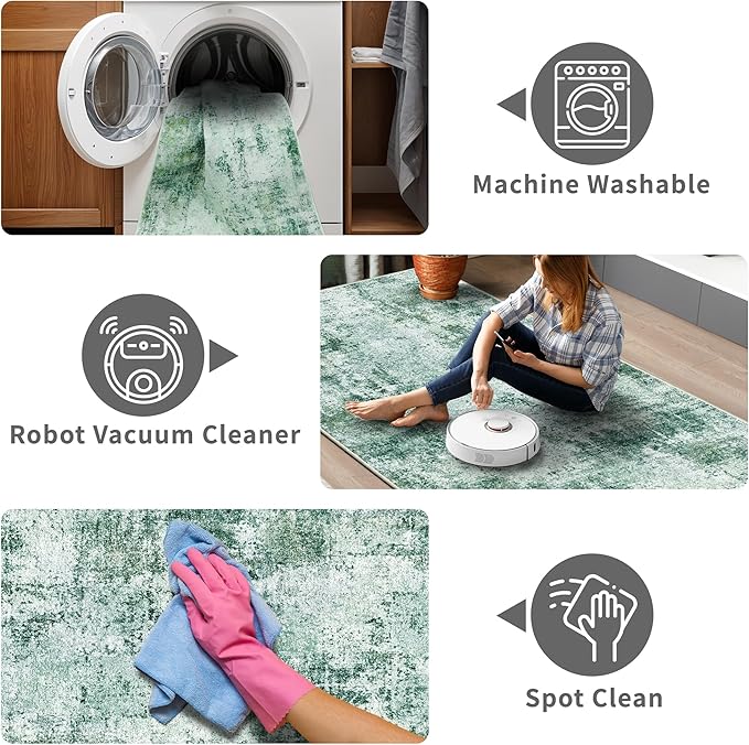3x12 Washable Hallway Runner Rug: Non Slip Carpet Runners Easy-to-Clean - Soft Living Room Bedroom Kitchen Rugs - Thin Low Pile Printed Floor Mat for Dining Room Neutral Green