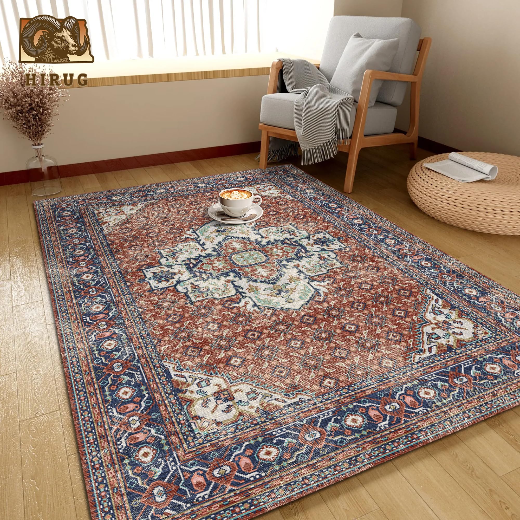 Washable Area Rug 8' x 10' Vintage Traditional Persian Mat - Foldable Distressed Non-Slip Machine Washable Carpet for Living Room Bedroom Kitchen Home Decor - Terracotta and Navy