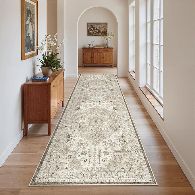 Madane Kitchen Runner 2'6''x8' Soft Rug Runners for Hallways, Ivory/Brown