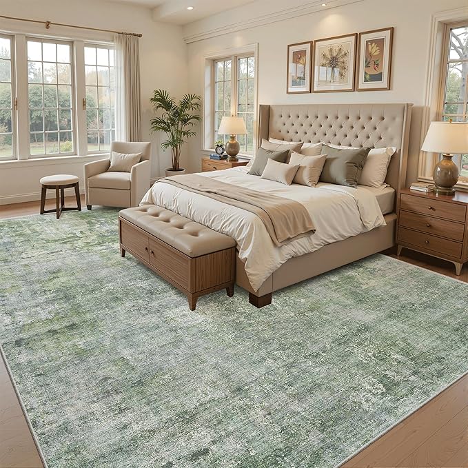 Soalmost Abstract Rug 8x12 Large Living Room Area Rugs Washable Green/Ivory