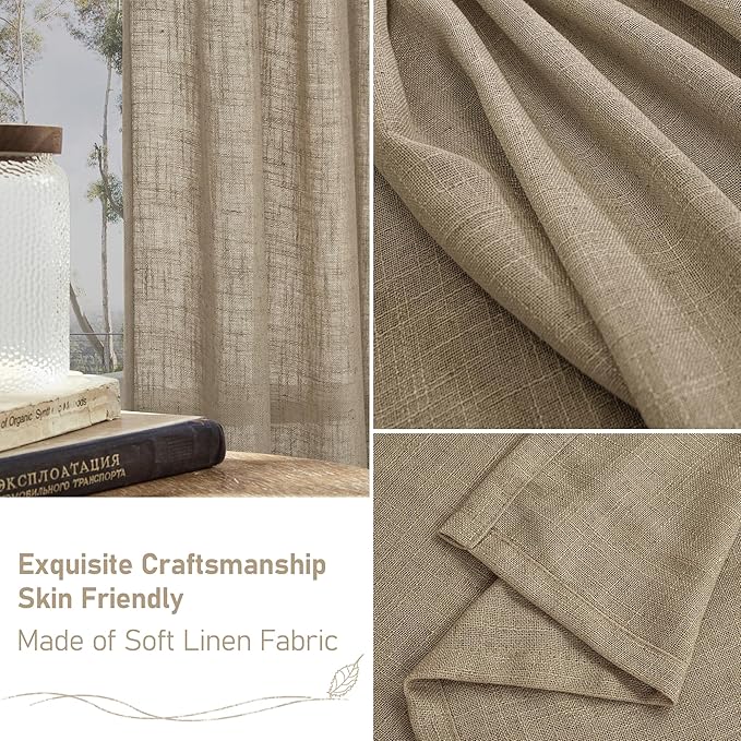 LAMIT Taupe Semi Sheer Window Linen Curtains 63 Inch Length, Light Filtering Panels Back Tab and Rod Pocket Country Decor Drapes for Bedroom/Living Room, 2 Panels, 34 x 63 Inch