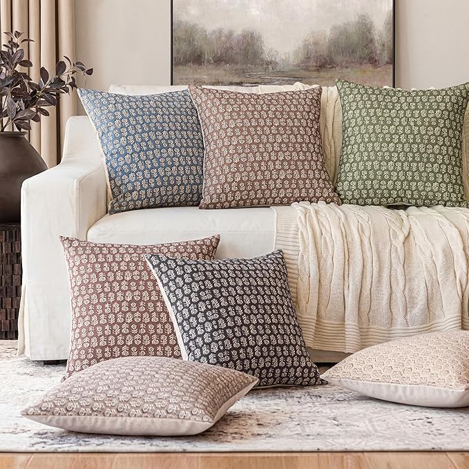 Foindtower Set of 2 Decorative Neutral Floral Print Throw Pillow Covers Vintage Accent Farmhouse Cushion Covers Boho Home Decor for Sofa Couch Chair Bedroom Living Room,24×24 Inch,Dusty Blue