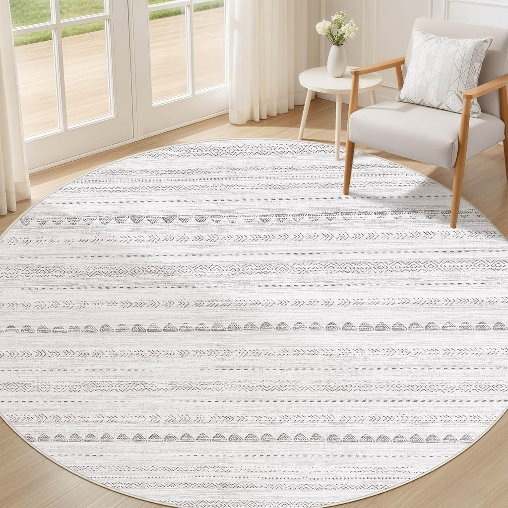 Nakagishi Round Rug Boho Area Rugs: 6x6 Washable Large Circle Neutral Soft Stain Resistant Non-Slip Carpet for Women Aged 25-45 Farmhouse Decor Enthusiasts - Living Room Bedroom Dining Room Nursery