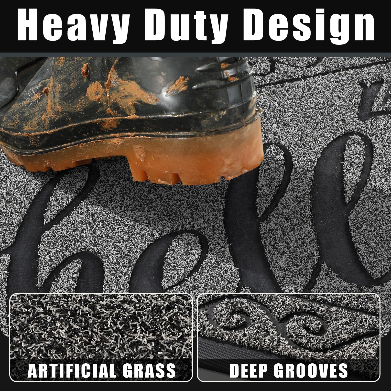 Yimobra Welcome Mats for Front Door 29.5x17, Heavy Duty Waterproof Outdoor Door Mat Outside Entrance, Non-Slip Low Profile Indoor Entryway Mat for Garage Patio, Black Gray