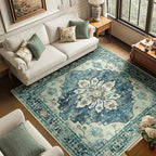 RELEANY Area Rugs Square 6ft Washable Non-Slip, Floral Vintage Distress Print Pattern Medallion Carpet for Living Room Bedroom Dining Room, Dark Blue Vintage