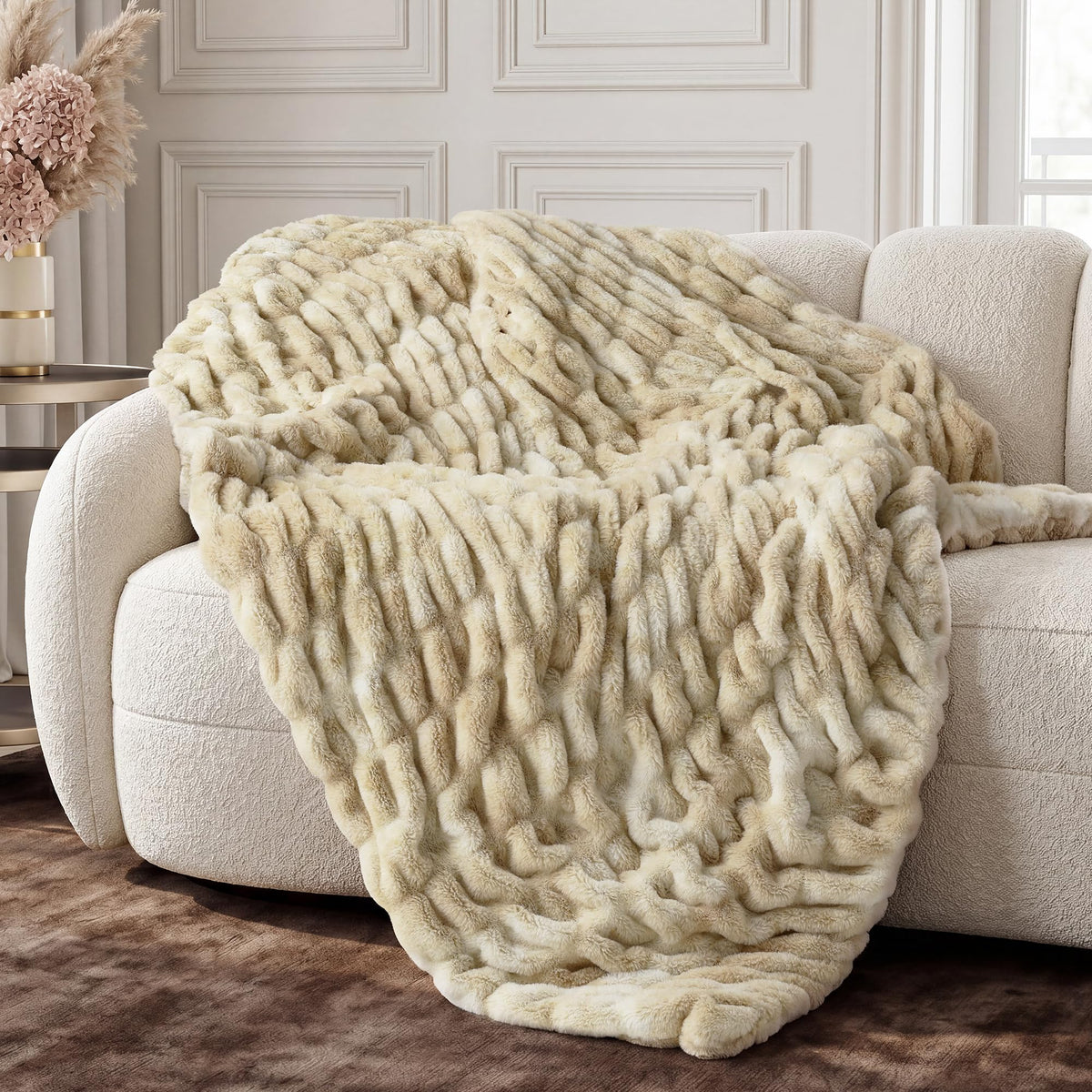 blunique Double-Sided Faux Fur Throw Blanket, 1000 GSM Ultra Soft Faux Rabbit Fur Blanket with Ruched Texture, Thick Fluffy Cozy Plush Blanket for Couch, Sofa, Bed, 50" x 60", Tie Dye Camel