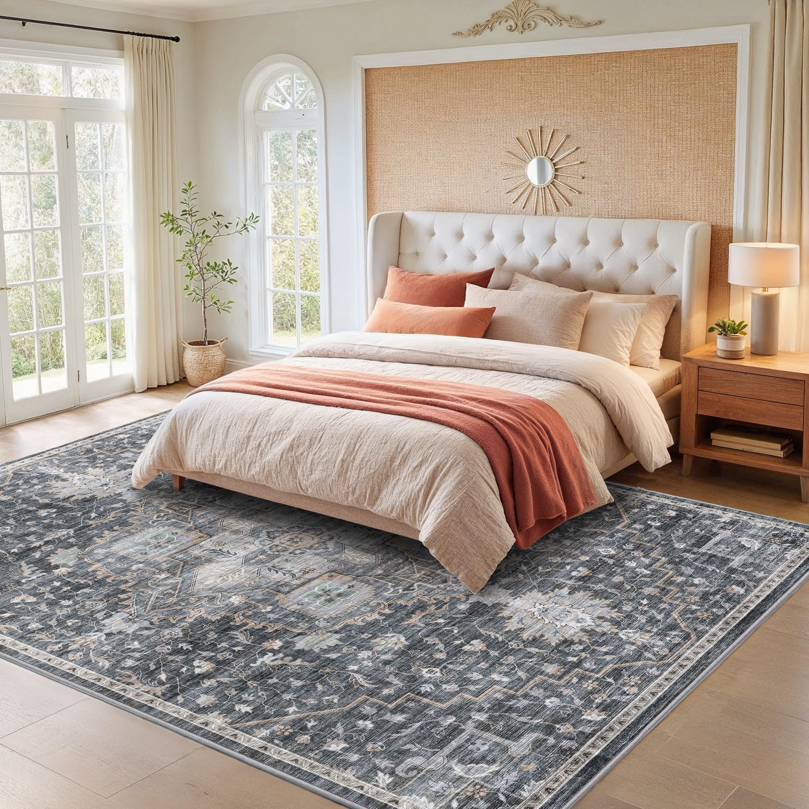 AMADA HOMEFURNISHING 9x12 Washable Area Rug, Low-Profile Large Area Rug with Non-Slip Backing & Durable Edge Binding, Vintage Large Rugs for Living Room, Bedroom & Dining Room