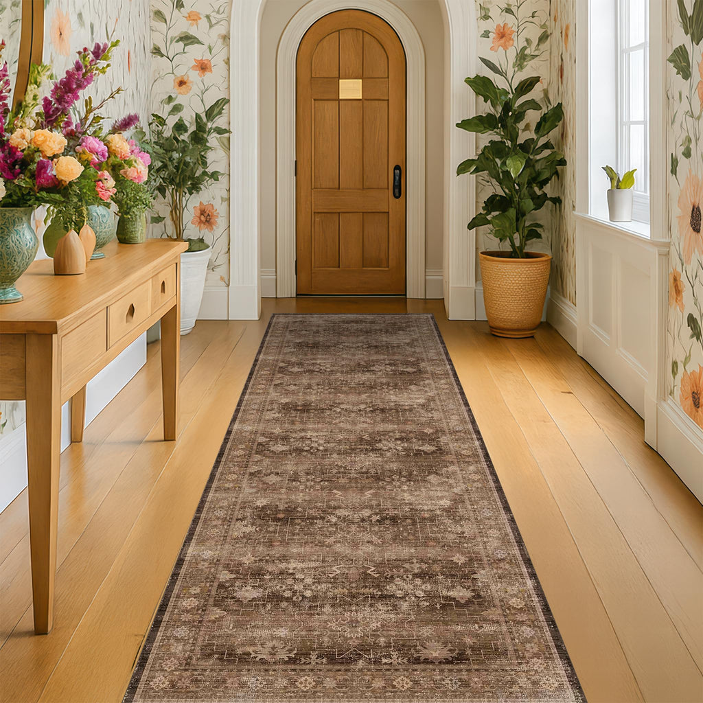 Hazo Haus Brown Neutral Boho Washable 3x12 Extra Long Hallway Runner Rug, Waterproof Large Kitchen Floor Rug Indoor, Non-Slip Stain & Fade Resistant, Vintage Dark Earthy Taupe Decor