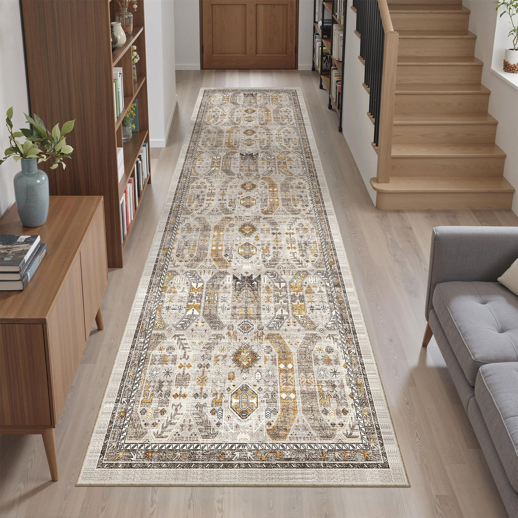 Madane Kitchen Runner Rug 2x7 with Rubber Backing Non Slip, Brown/Gold