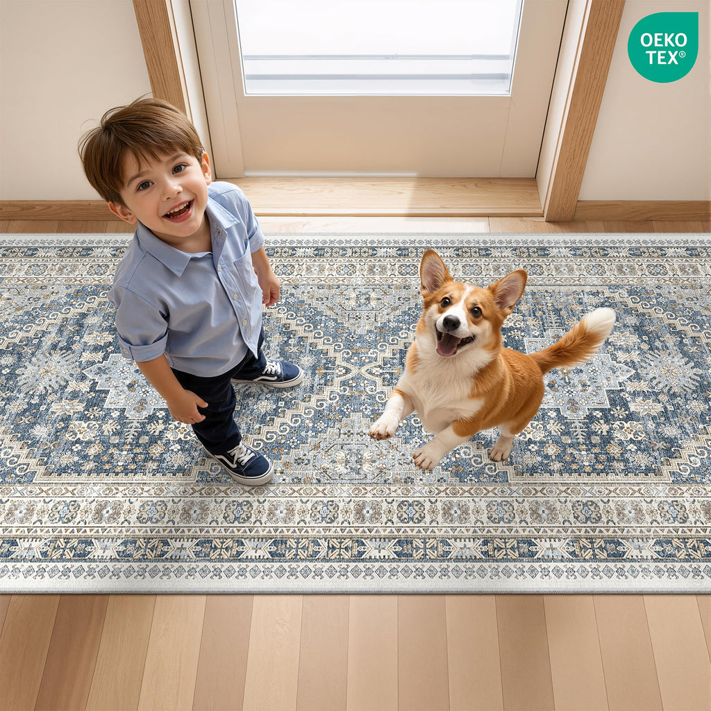Restydon 3x10 Runner Rug Non Slip Washable Hallway Runner, Blue/Beige