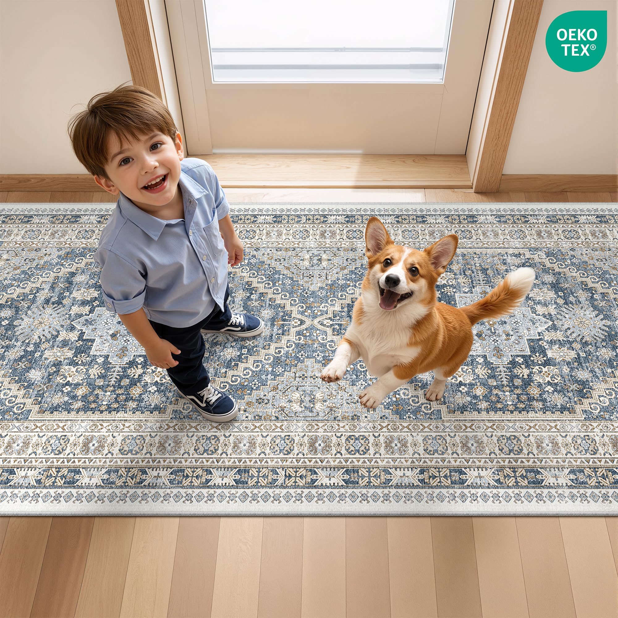 Restydon 3x8 Runner Rug Non Slip Washable Rugs for Entryway, Blue/Beige