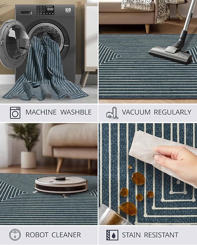 Latte&Fog 5x7 Area Rugs for Living Room Bedroom, Blue Modern Abstract Washable Rug, Boho Non Slip Low Pile Carpet for Indoor Dining Room, Dorm, Classroom, College Dorm, Farmhouse and Kids Room - Blue
