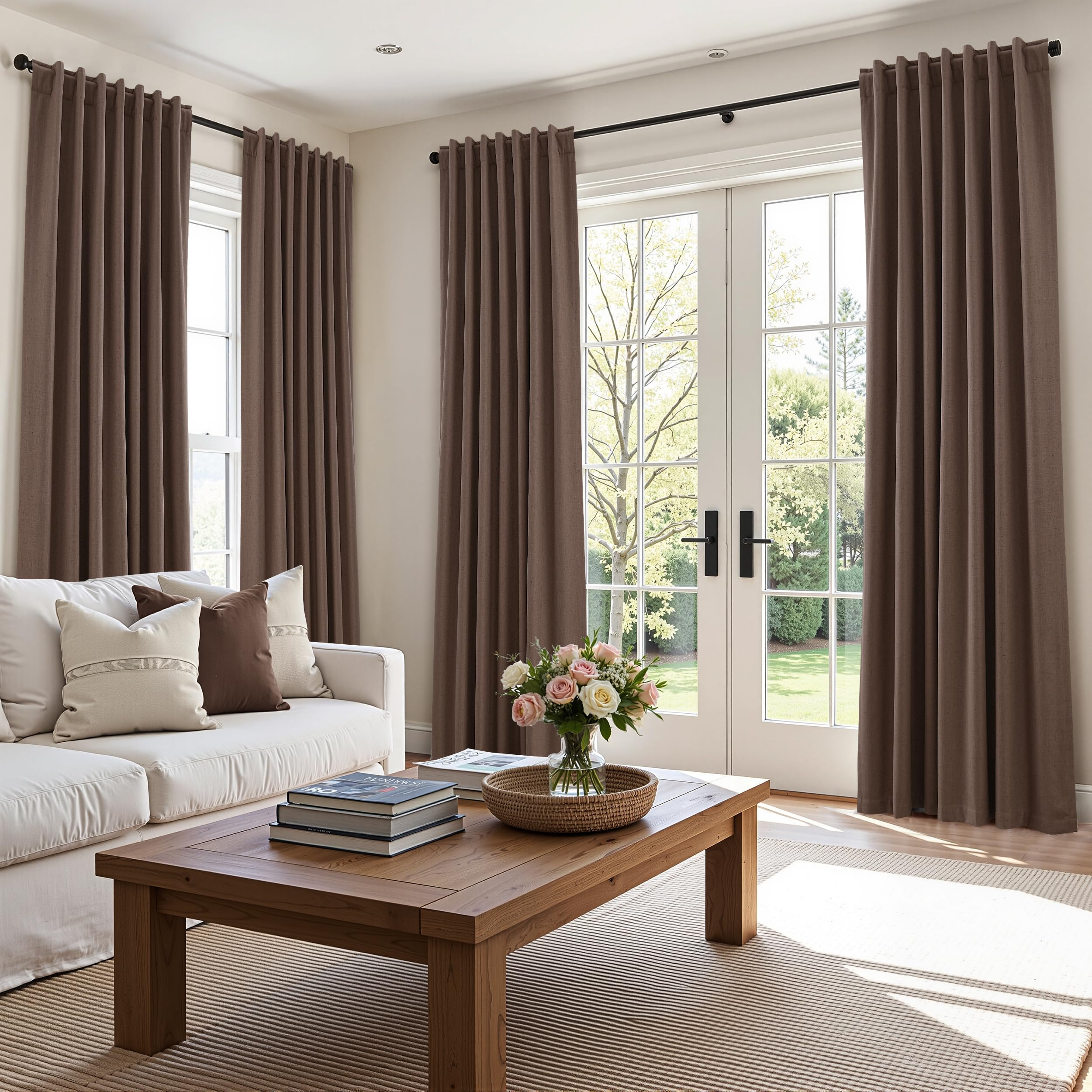 Guken 100% Blackout Curtains 120 Inch Length 2 Panels Set for Living Room Bedroom Back Tab Thermal Insulated Black Out Linen Drapes Room Darkening Mocha Mousse,52x120