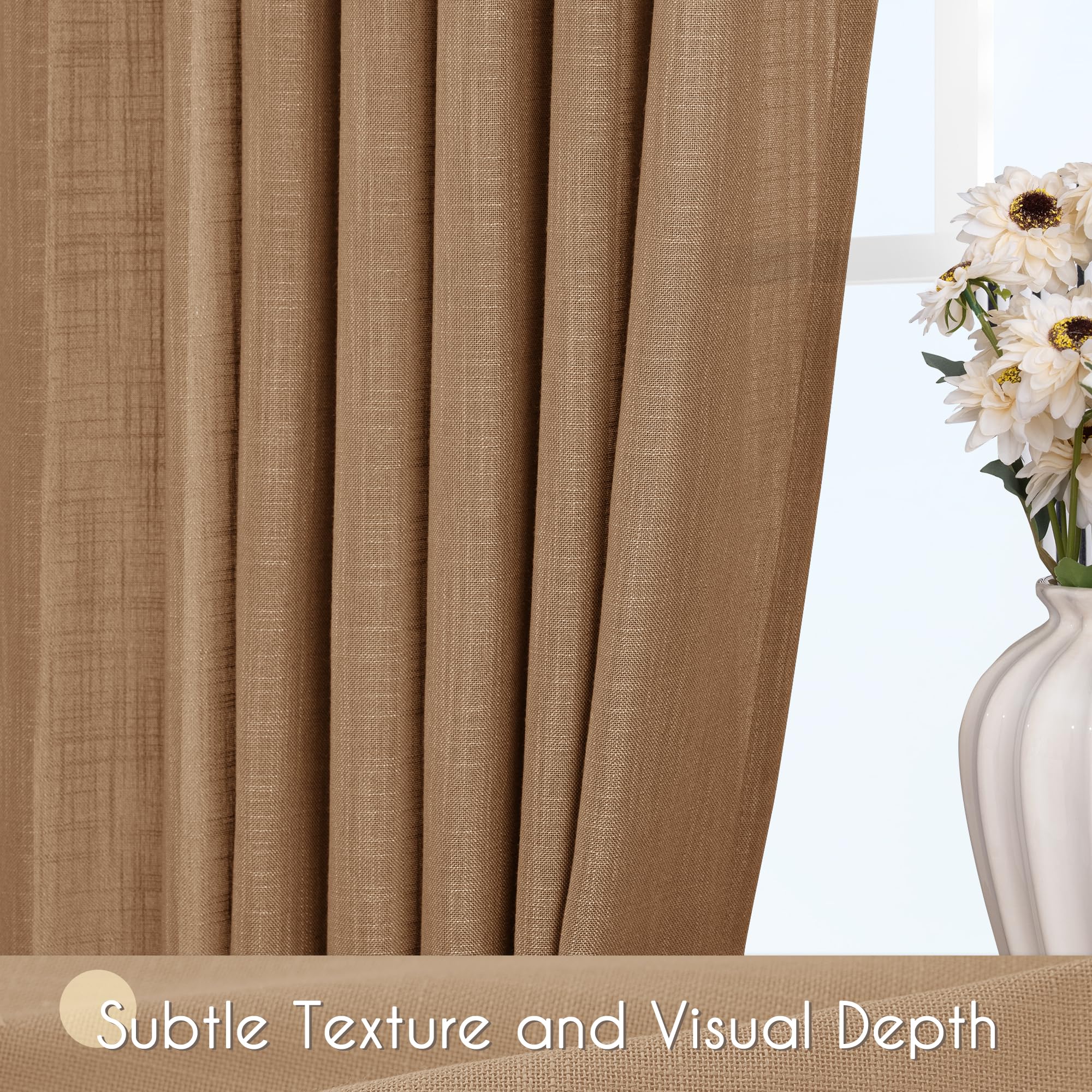 Jolilight Brown Curtains for Living Room Back Tab Modern Farmhouse Semi Sheer Curtains 108 inches Long 2 Panels Set Muted Neutral Window Curtain for Dining Room Bedroom 52x108
