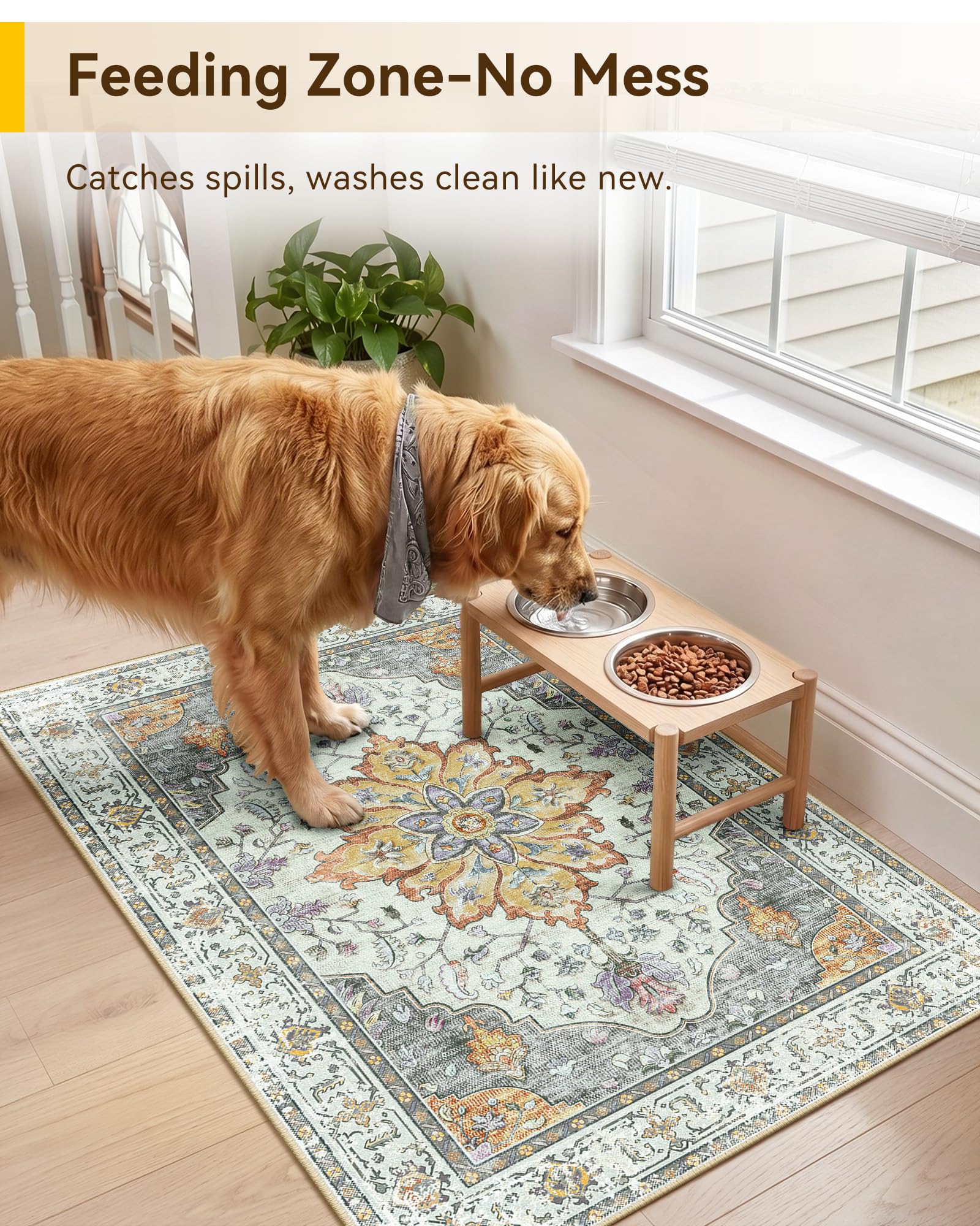 RELEANY Washable Area Rug, Small 2'x3', Beige/Carbon Grey/Orange