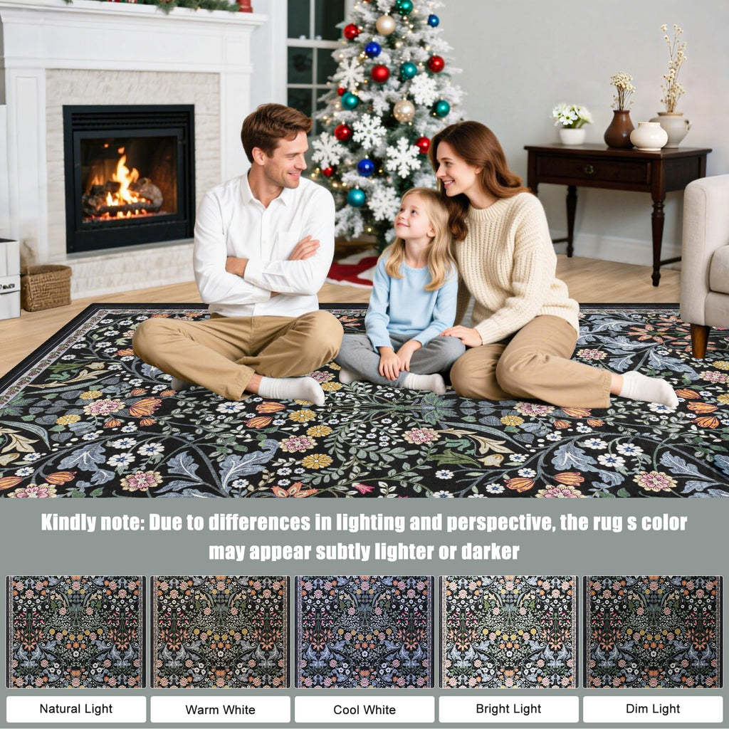 PLHXFR 2x3 Small Entryway Rug: Floral Washable Indoor Carpet Dark Black