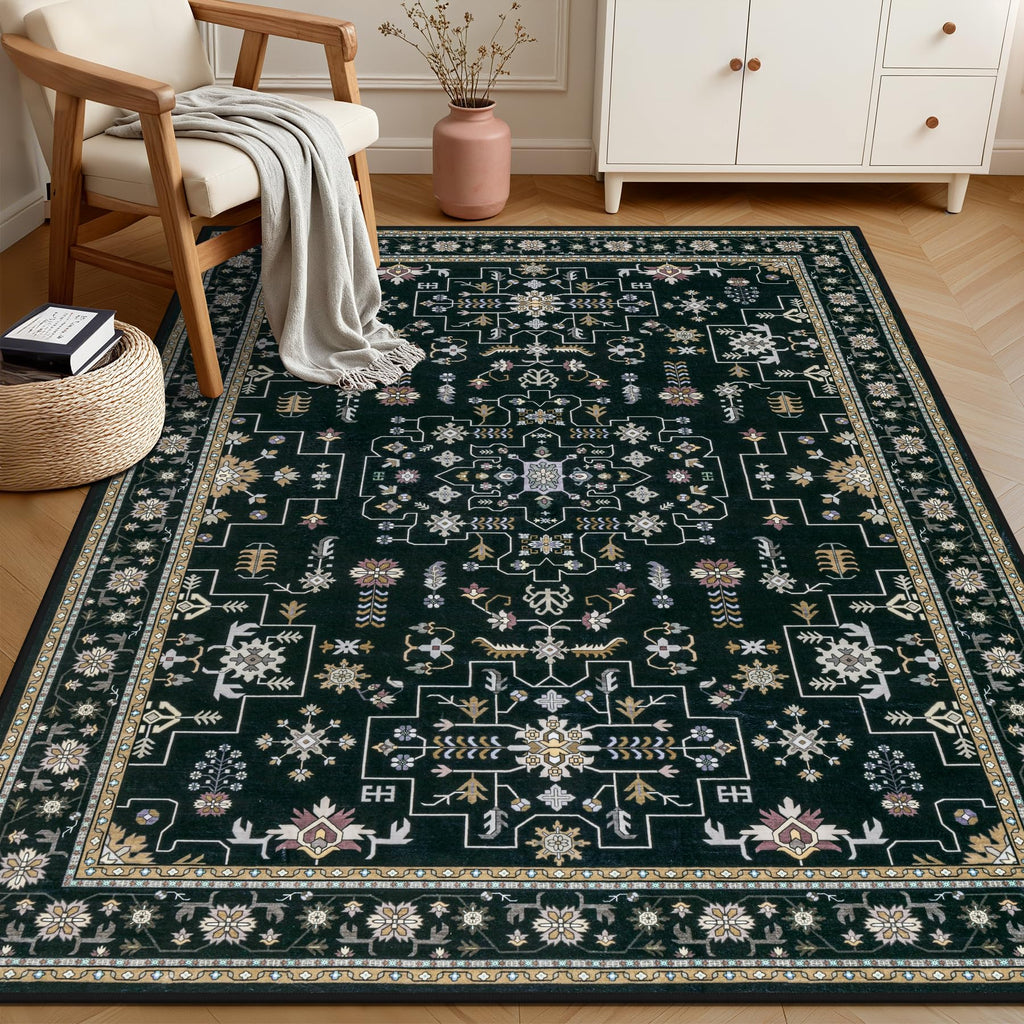 ExpediX 5x7 Area Rugs Living Room: Washable Vintage Rug for Bedroom Black