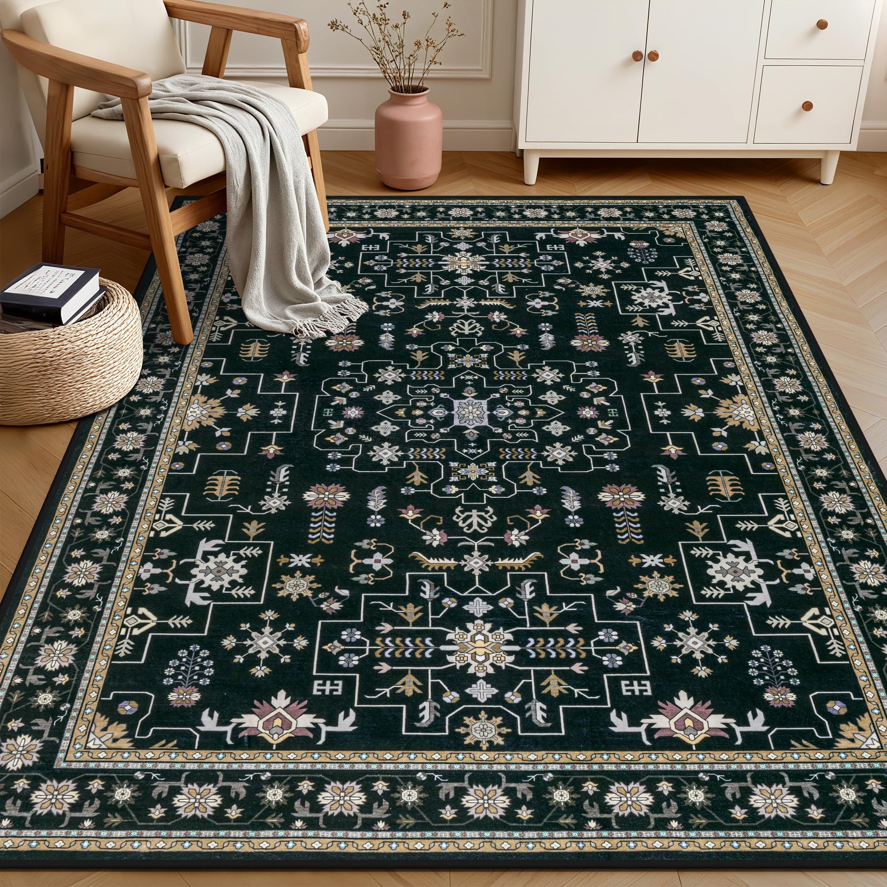 ExpediX 5x7 Area Rugs Living Room: Washable Vintage Rug for Bedroom Black