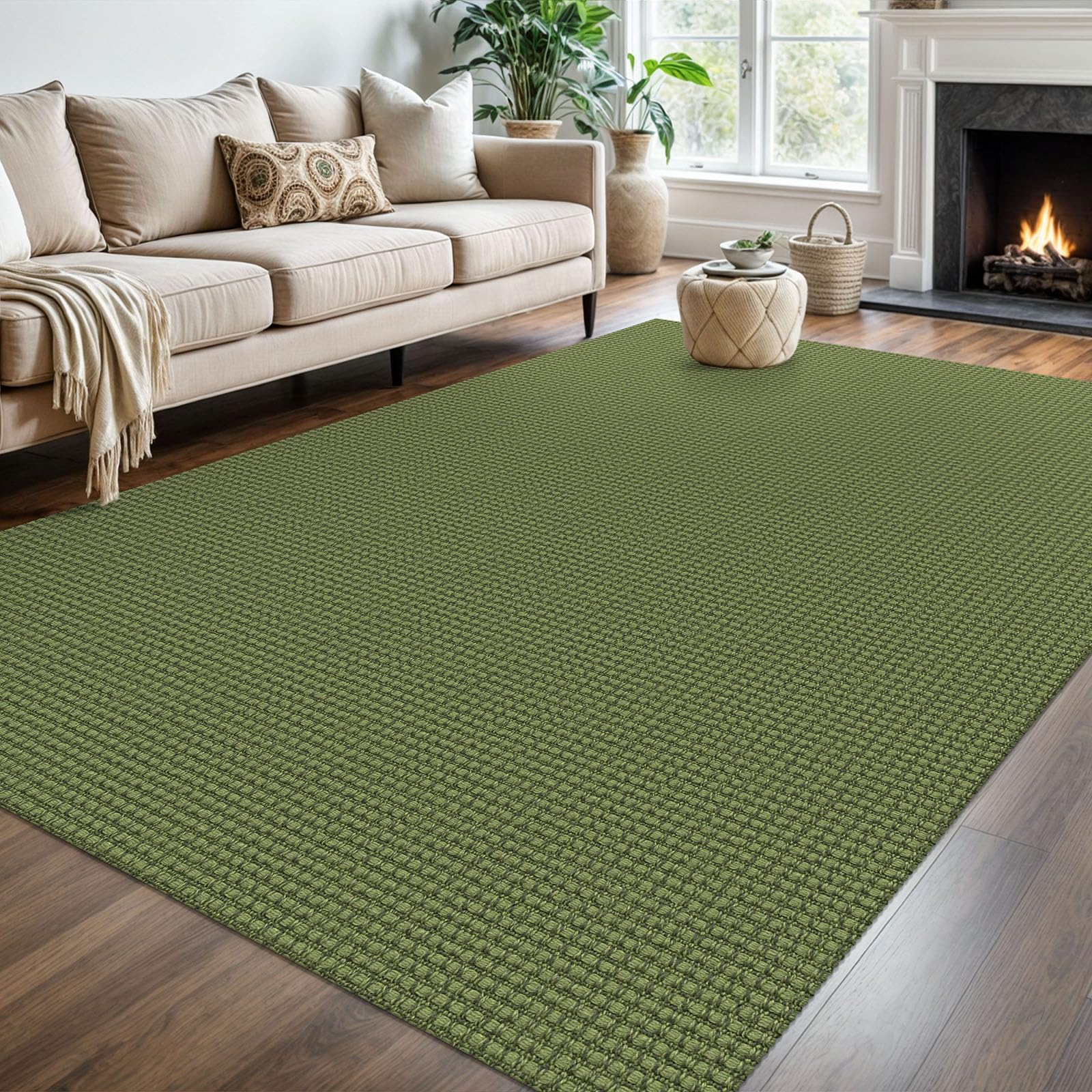 KOZYFLY Washable Area Rug 6x9 ft Rubber Backed Non Slip Rugs for Living Room Braided Cotton Bedroom Rug Woven Office Rugs Indoor Floor Carpets for Dining Bedroom Living Room, Olive Green/Earthy Green