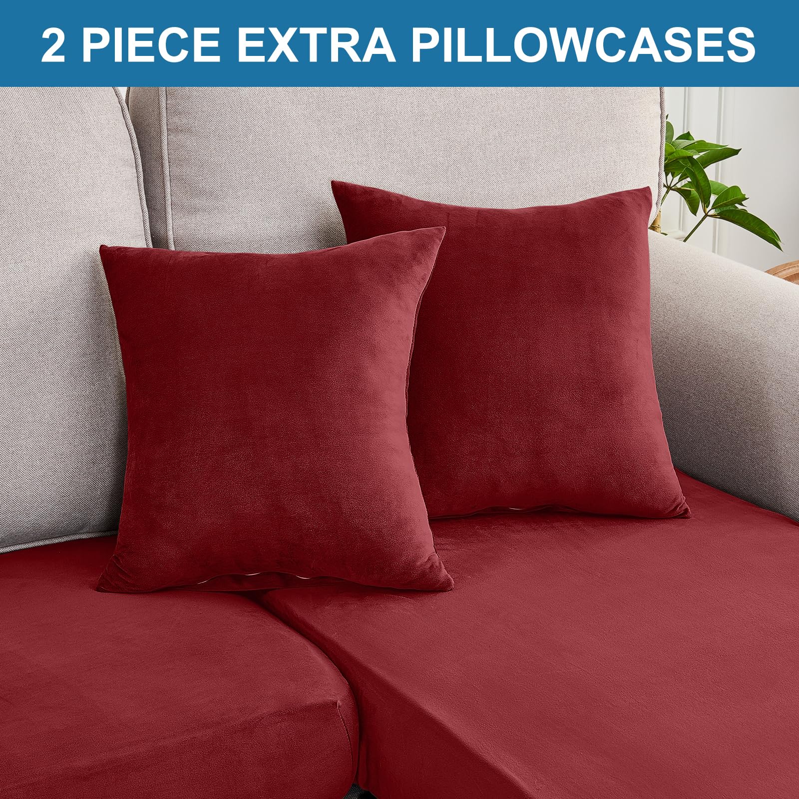 Taque Couch Cover 3-Piece Elastic Velvet Couch Cushion Covers & Chaise Slipcovers for L-Shaped Sofas, Sofa Seat Covers Washable, Soft Cover for Couches (2 Seater + Chaise, Christmas Red)