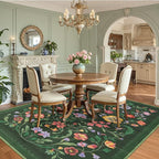 Washable Rug 9x12 Area Rugs for Living Room, Protea Floral Rug for Bedroom, Soft Vintage Non Slip Throw Rugs with Rubber Back, Low Pile Stain Resistant Boho Floral Carpet for Dining Room, Forest Green