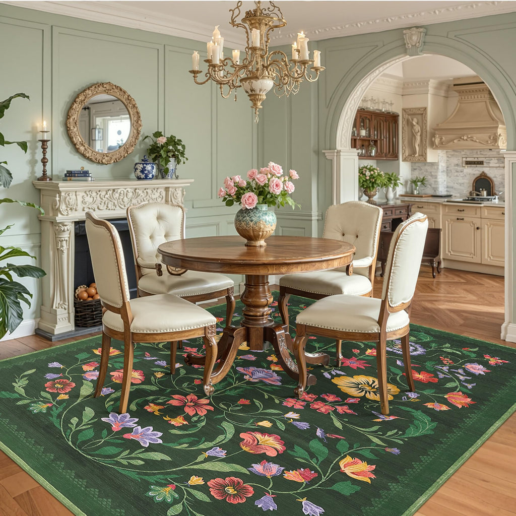 Washable Rug 8x10 Area Rugs for Living Room, Protea Floral Rug for Bedroom, Soft Vintage Non Slip Throw Rugs with Rubber Back, Low Pile Stain Resistant Boho Floral Carpet for Dining Room, Forest Green