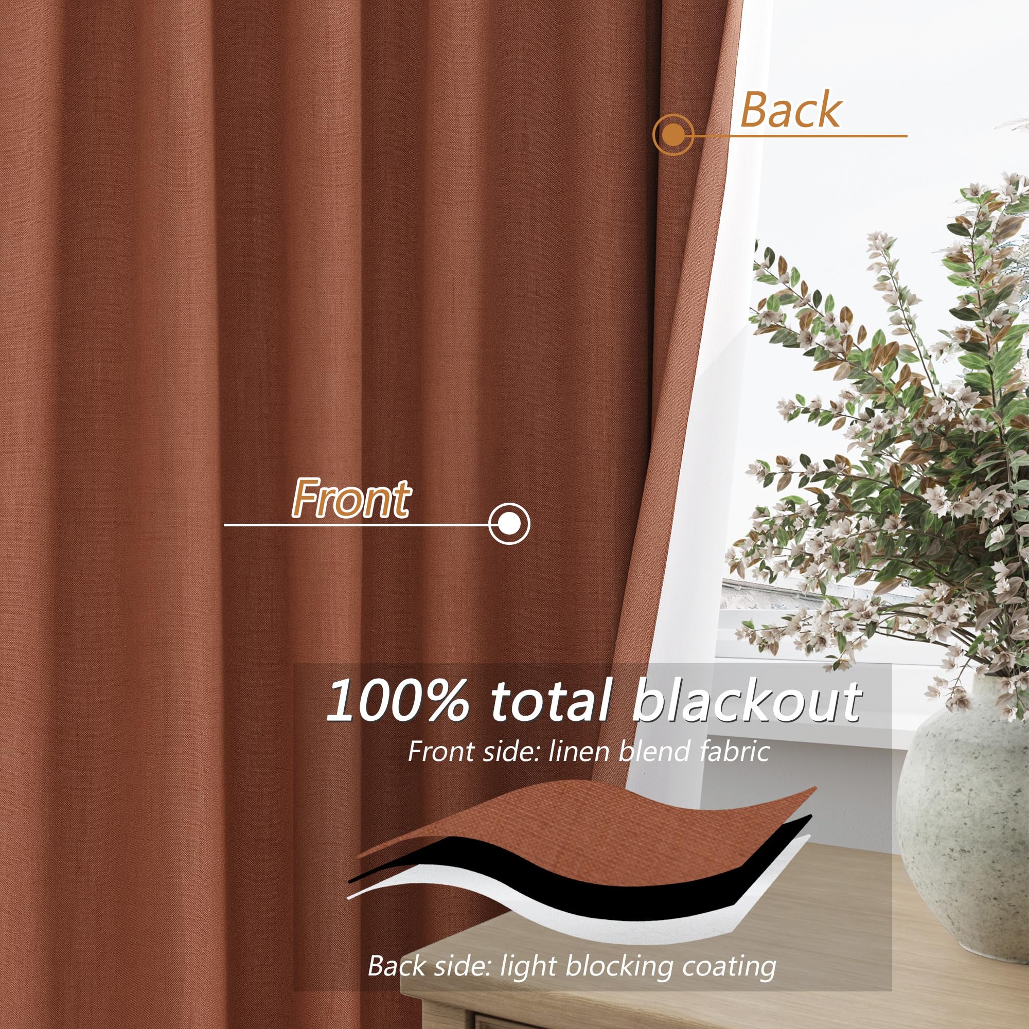 Guken Terracotta 100% Blackout Curtains 84 Inch Length 2 Panels Set Fall Curtains for Living Room Bedroom Back Tab Thermal Insulated Black Out Linen Drapes，52x84