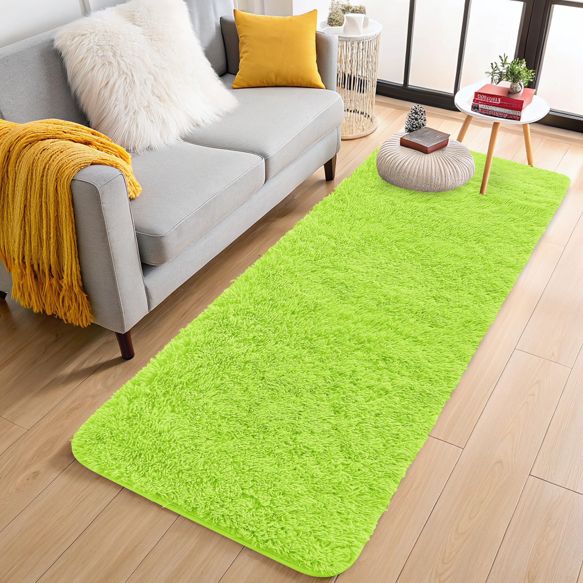 OLANLY 2x8 Machine Washable Runner Rugs for Hallway, Soft Fluffy Shaggy Bedside Rugs for Bedroom, Living Room, Indoor Floor Carpet for Kids Girls and Boys, Home Decor Aesthetic, Lime Green
