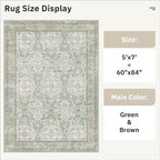 Soalmost 5x7 Area Rugs Green/Brown Low Pile Indoor Washable Trendy Faded Style Rugs for Bedroom Living Room Dining Room Foldable Non-Slip Thin Print Home Office Mat