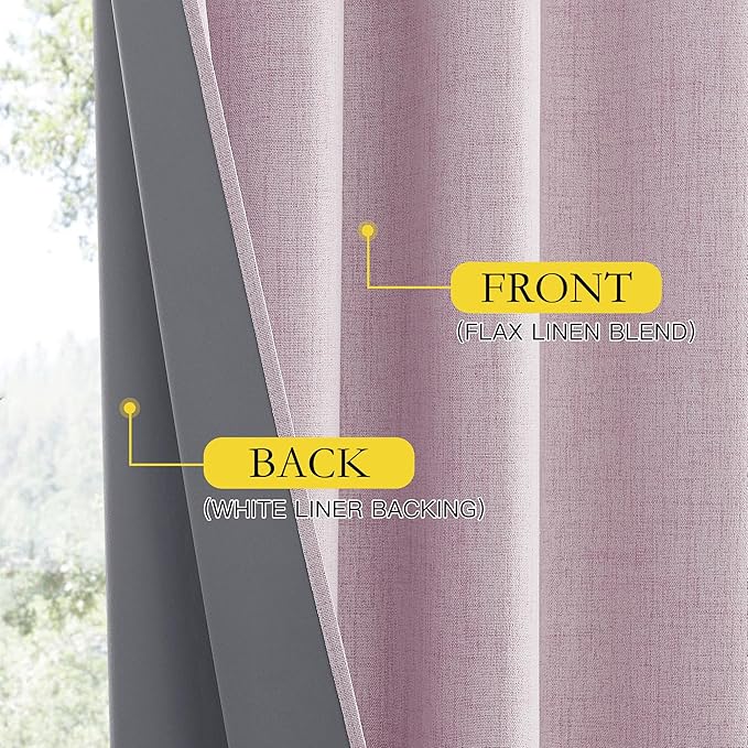 NICETOWN Pink Vintage Linen 100% Blackout Curtains for Living Room, Thermal Insulated Curtains 45" Long, Noise Reducing Window Treatment Drapes for Hall Room, 52" Wide Per Panel, Set of 2