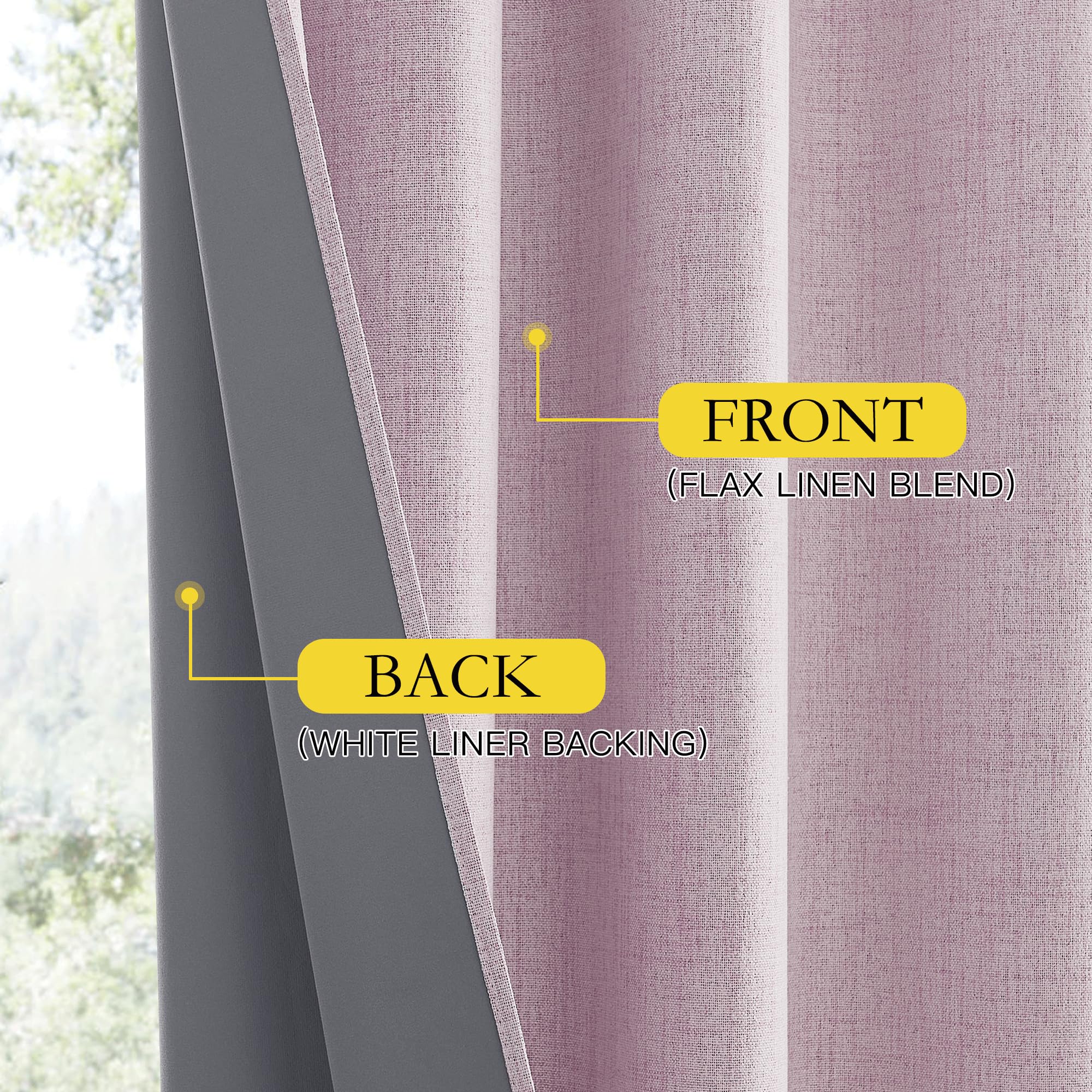 NICETOWN Pink Vintage Linen 100% Blackout Curtains for Living Room, Thermal Insulated Curtains 108“ Long, Noise Reducing Window Treatment Drapes for Home Office, 62" Wide Per Panel, Set of 2