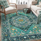 SERISSA Area Rug 3x5 Boho Teal Rugs for Bedroom, Washable Kitchen Rugs Non-Slip, Ultra Soft Print Distressed Tribal Entry Rug Low-Pile Throw Rug Carpet for Bedroom Nursery Living Room Dorm Decor