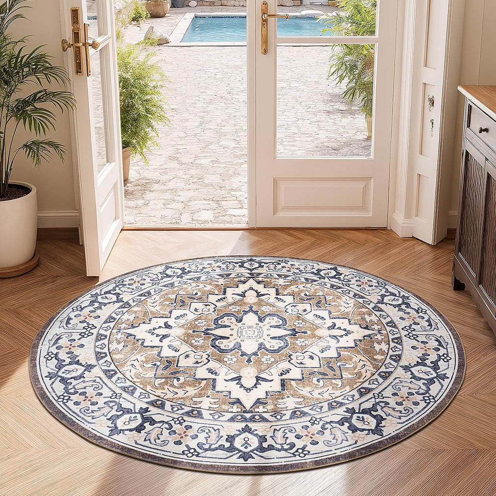 Lofus 4ft Round Area Rugs for Living Room, Vintage Boho Carpet Floral Brown