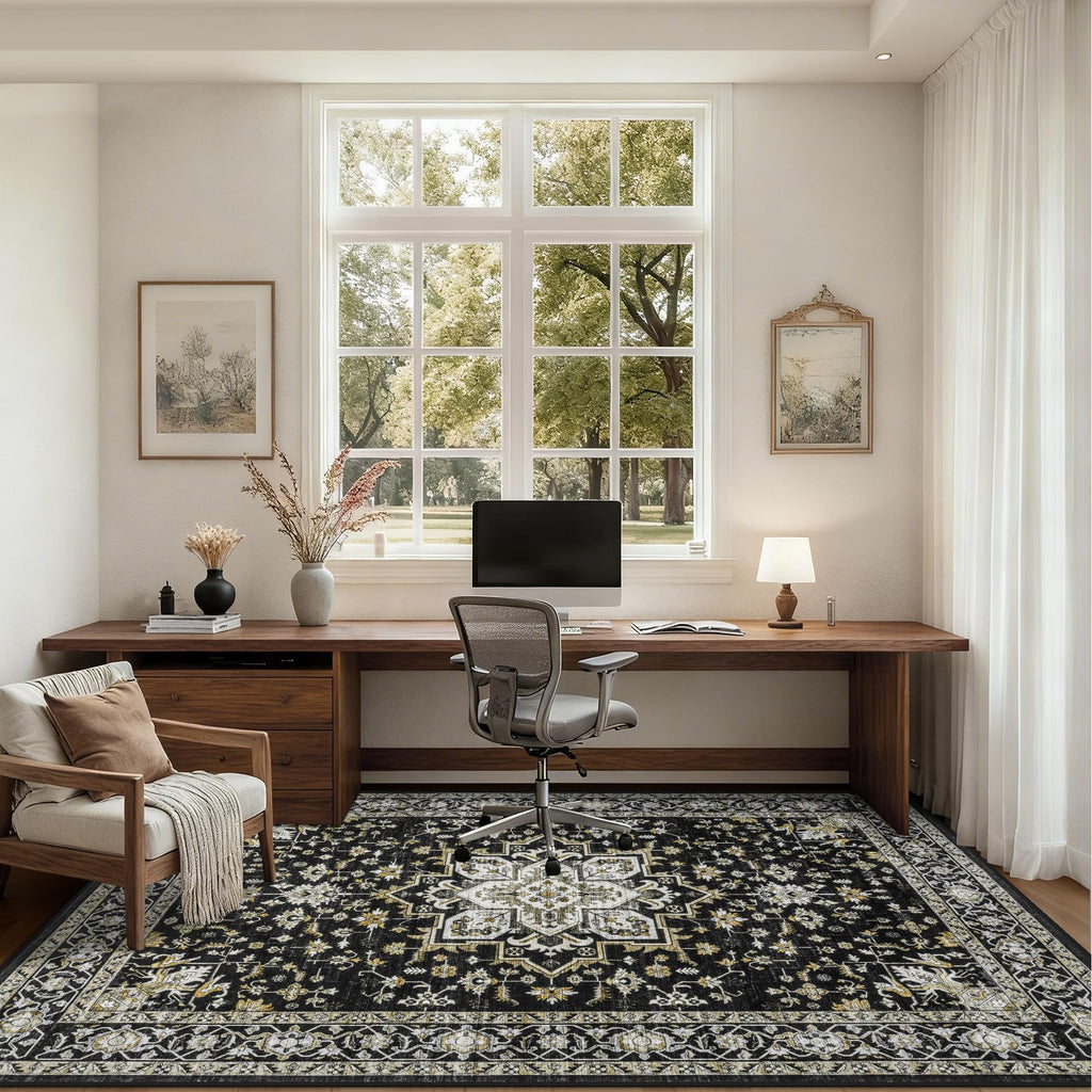 ExpediX 9x12 Area Rugs Living Room: Washable Rug for Bedroom Black Gold