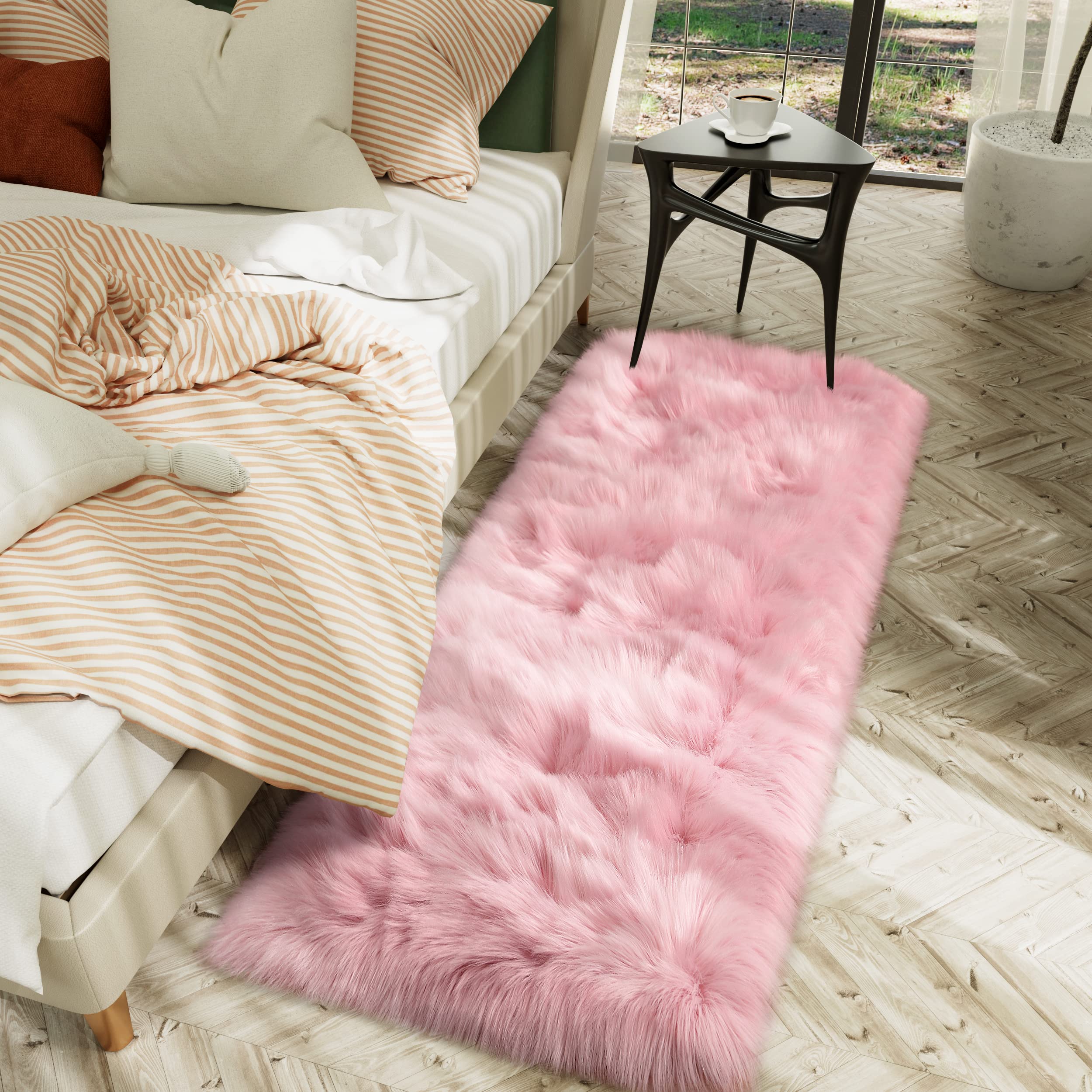LOCHAS Soft Fluffy Faux Fur Rugs for Bedroom Bedside Rug 2x5 Feet, Pink