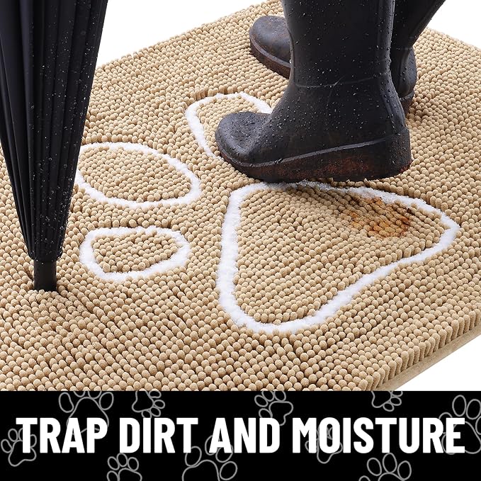 Smiry Dog Door Mat for Muddy Paws, Absorbent Dirt Trapper Non Slip Quick Dry Washable Chenille Mat for Mud Dogs, Entry Rug for Indoor and Outdoor (59x20 Inches, Beige and White)
