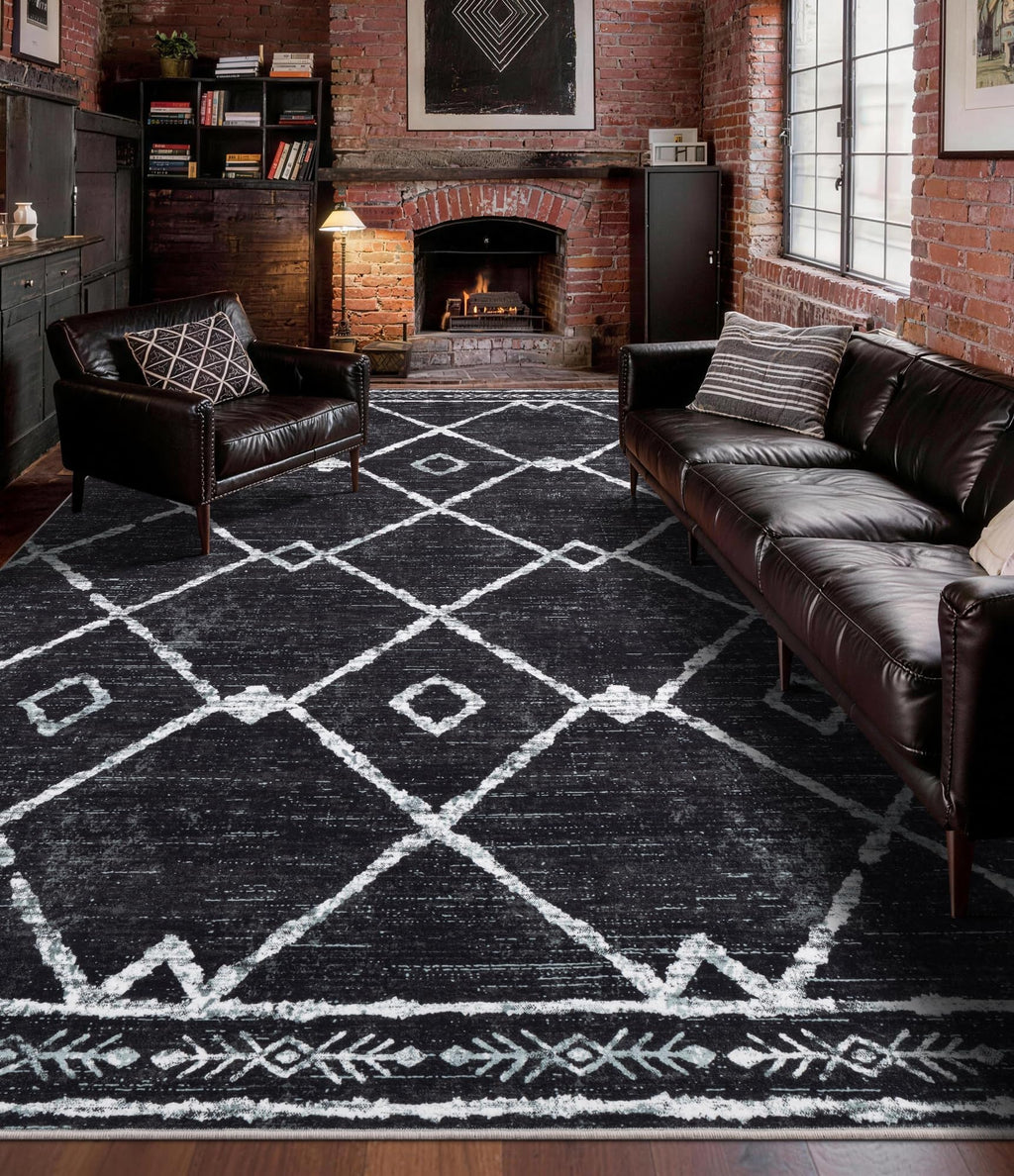 YIHOUSE Moroccan Rugs for Living Room, 8x10 Black and White Aztec Area Rug, Western Geometric Soft Low-Pile Washable Rugs for Bedroom, Dining Room
