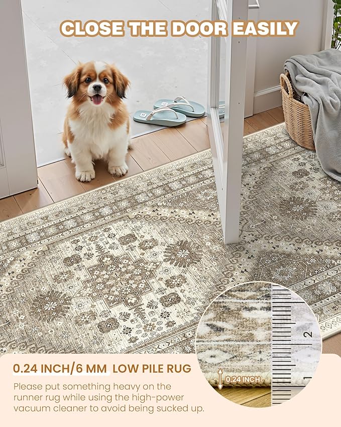 Hallway Runner Rug 2x12, Extra Long Washable Runner Rugs with Rubber Backing, Non Slip Runner, Vintage Rug Runners for Kitchen Laundry Room Entryway (Brown,2'x12')