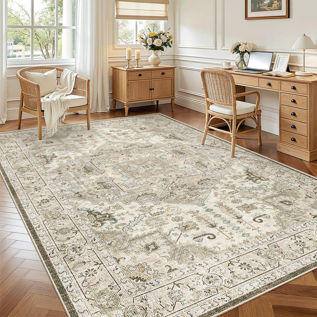 Madane 6x9 Area Rugs for Living Room, Vintage Washable Rug, Ivory/Brown