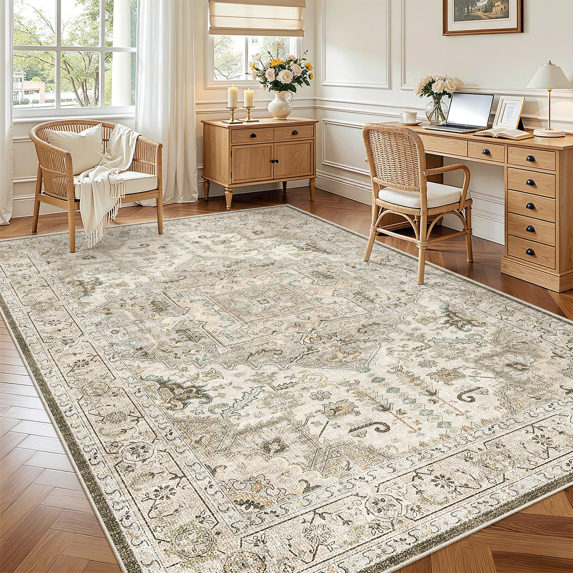 Madane 6x9 Area Rugs for Living Room, Vintage Washable Rug, Ivory/Brown