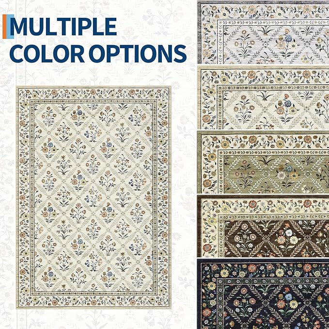 GarveeHome Living Room Rug 5x7 Rug Machine Washable Stain Resistant Area Rug Non Slip Floral Vintage Low Pile Rugs for Living Room, Bedroom, Farmhouse, Dining Room, Kids PlayroomBeige Sand
