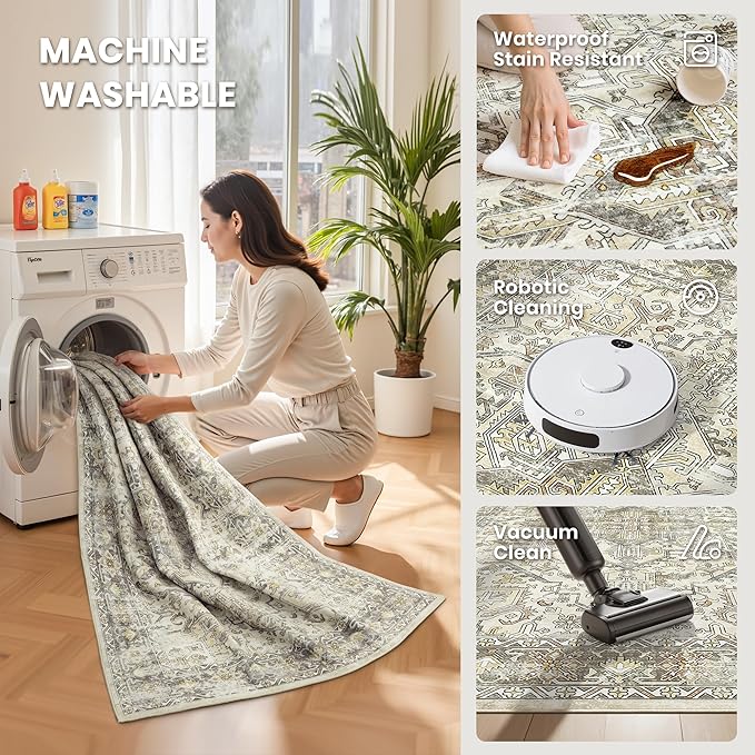 zesthome 8x10 Area Rugs for Living Room,Non-Slip Backing Washable Rugs,Vintage Large Area Rug，Stain Resistant Home Decor Rug (Beige/Brown,8'x10')