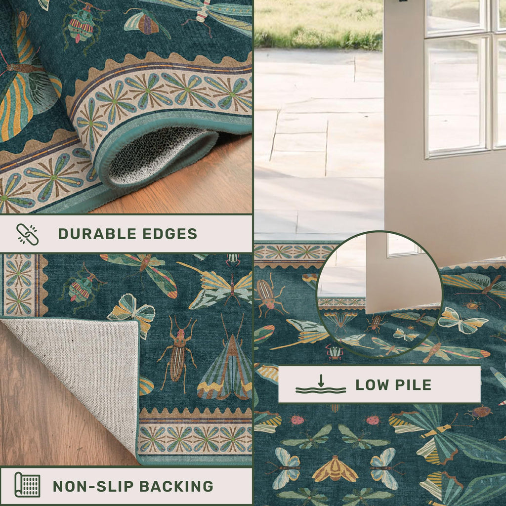 Hazo Haus 9x12 Large Living Room Rug - Dark Teal Multi Dining Room Rugs for Under Table, Bedroom, Kids Room, Classroom, Insect Butterfly Floral Décor, Lightweight Non Slip Low Pile