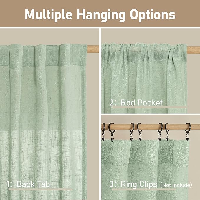 LAMIT Linen Curtains 48 Inch Length Semi Sheer Light Filtering 2 Panels