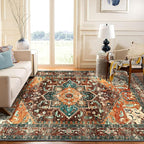 Yamaziot Area Rug 9x12 Large Rug, Non-Slip Washable Boho Vintage Living Room Bedroom Rug with Rubber Backing, Low Pile Faux Wool Soft Distressed Floor Carpet for Living Room, Bedroom