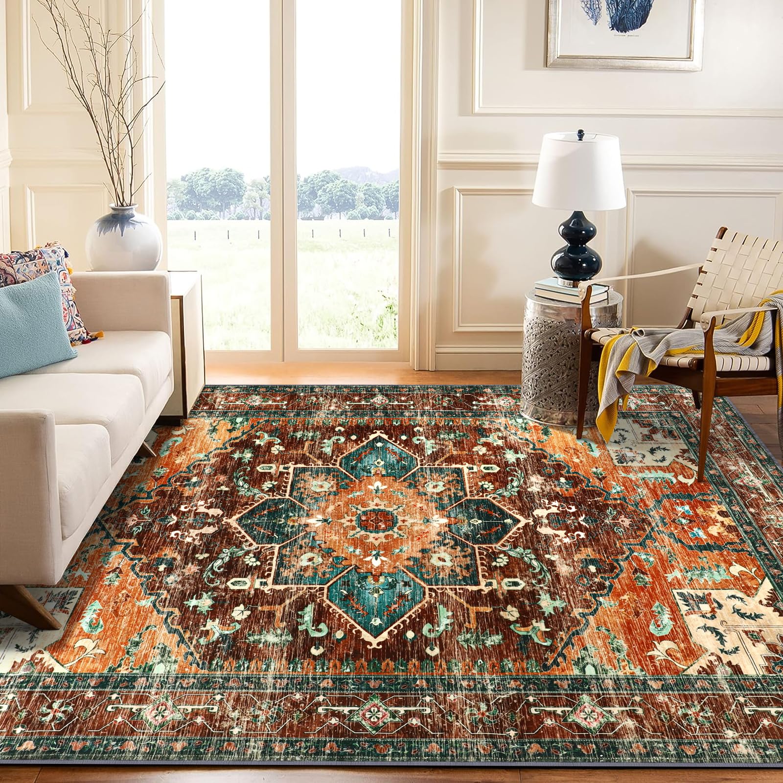 Yamaziot 9x12 Large Area Rug, Non-Slip Washable Boho Living Room Rug