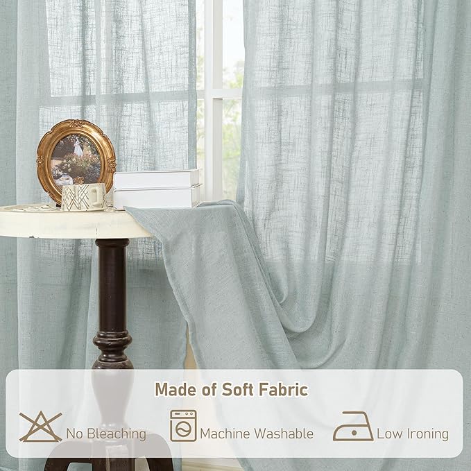 LAMIT Linen Curtains 108 Inches Long for Living Room, Semi Sheer Panels
