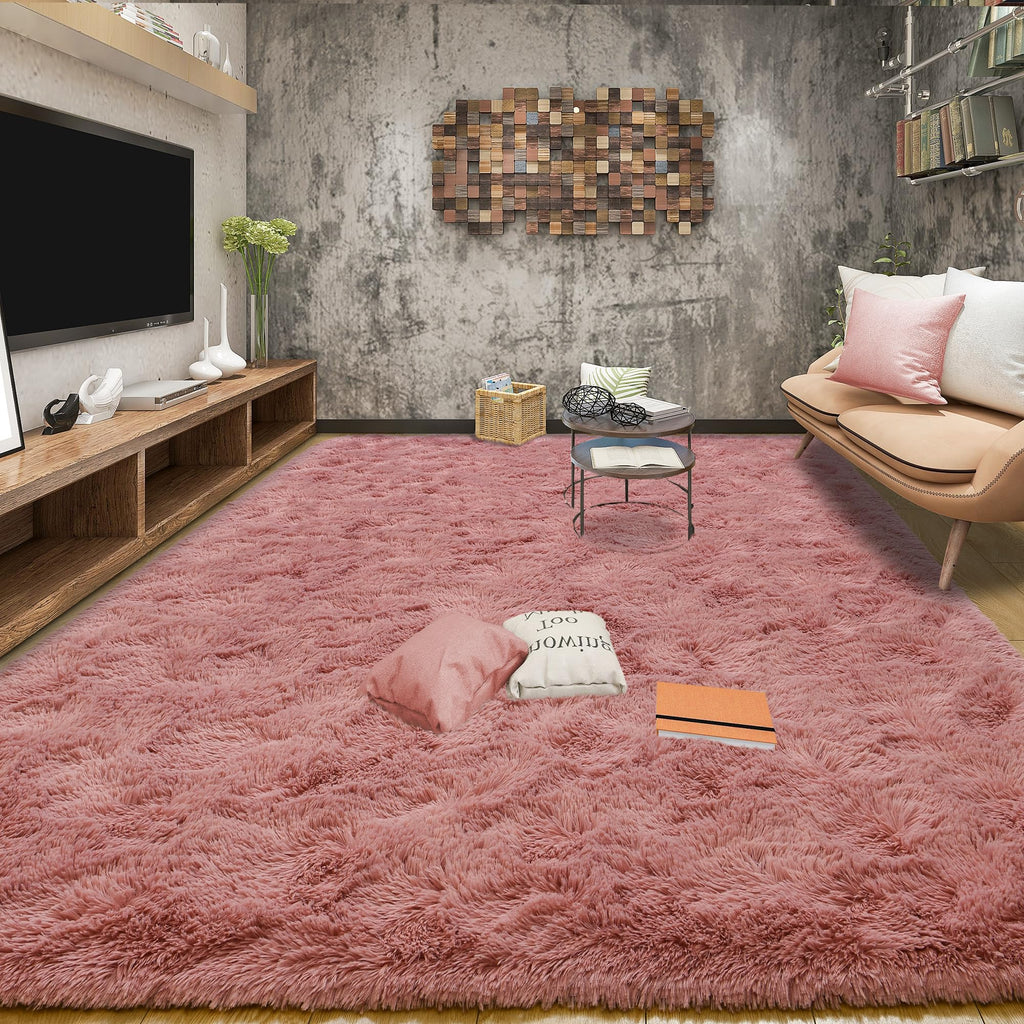 Tepook Blush Pink Area Rugs for Living Room Girls Bedroom, 9x12 Fluffy Shaggy Dusty Pink Rug for Kids Room Playroom, Plush Shag Non-Slip Carpet for Nursery Dorm Classroom, Cute Rose Beige Rug